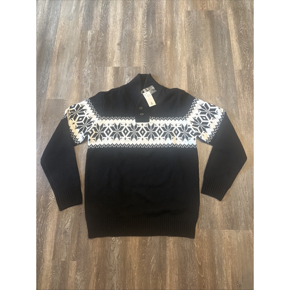 H2H Men's Large Nordic Fair Isle Shawl Collar Sweater Black White NWT